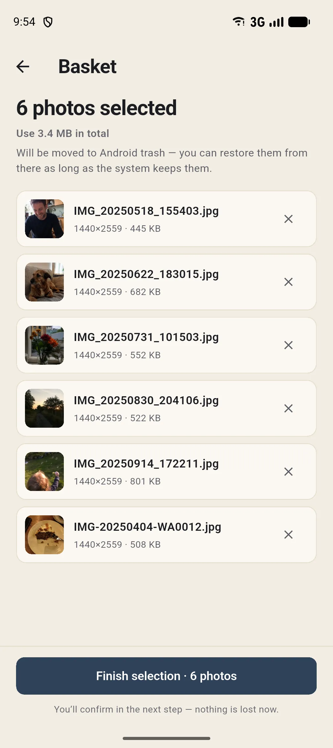 Basket: selected photos before confirmation. The example photos shown were created with AI.