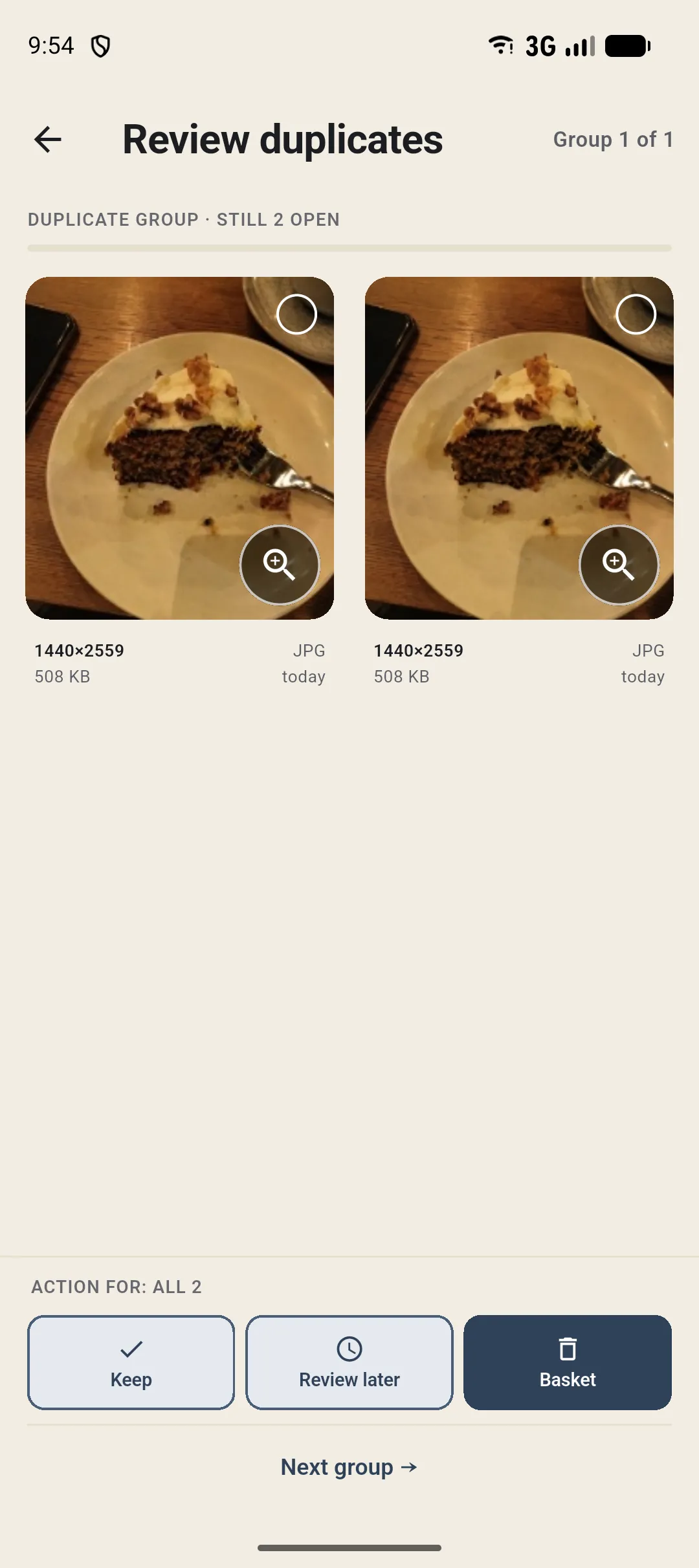 Duplicate review: two exact copies side by side. The example photos shown were created with AI.