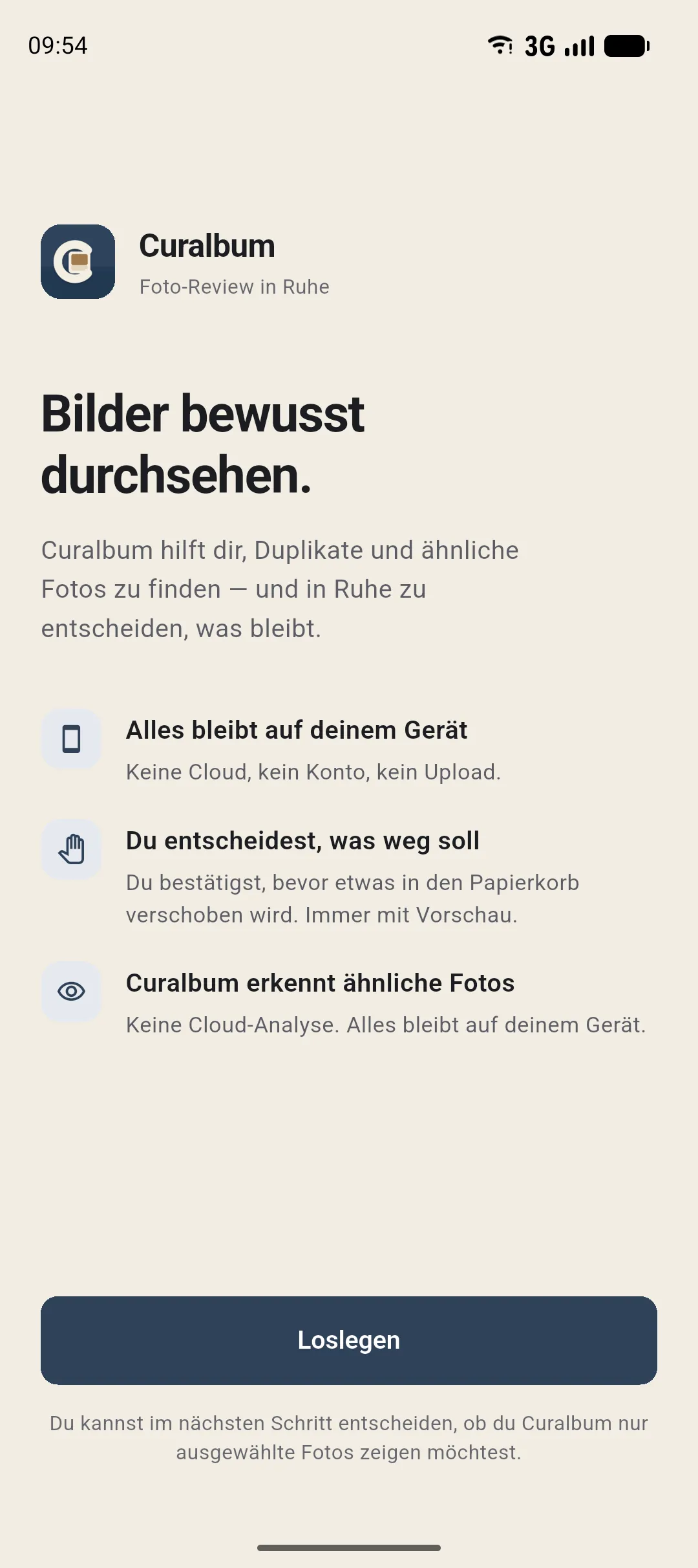 Willkommensbildschirm von Curalbum: Start ohne Konto und ohne Anmeldung