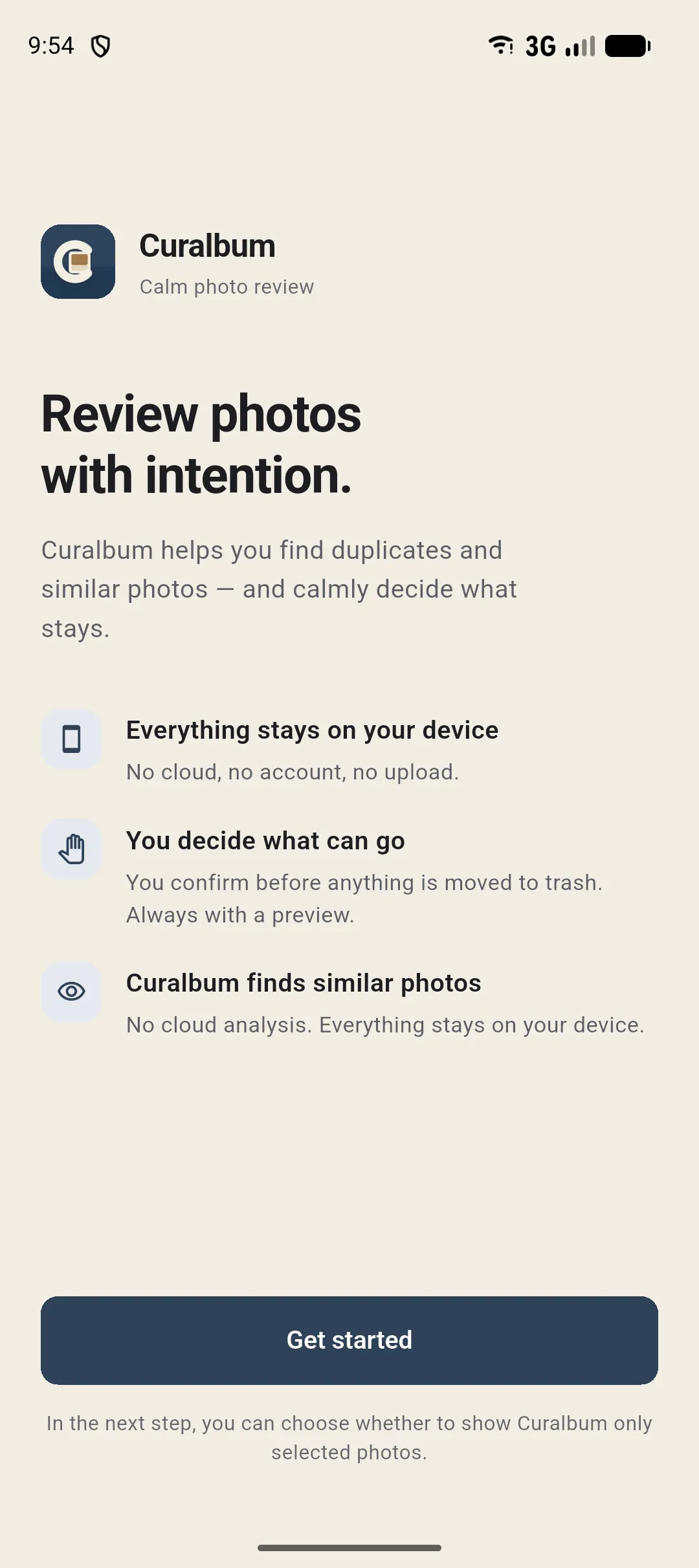 Curalbum welcome screen: getting started without an account or sign-in