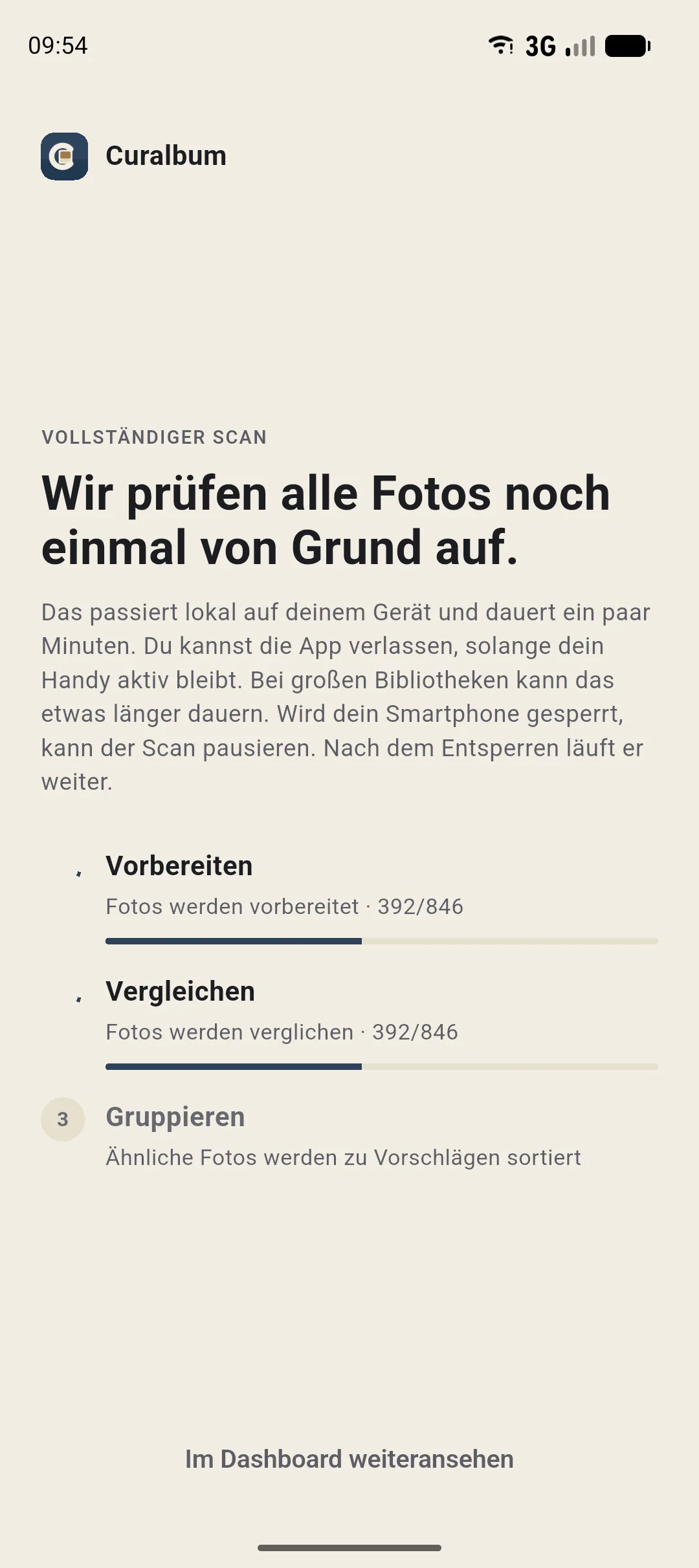 Erster Scan in Curalbum: Fortschrittsbalken, alles direkt auf deinem Handy
